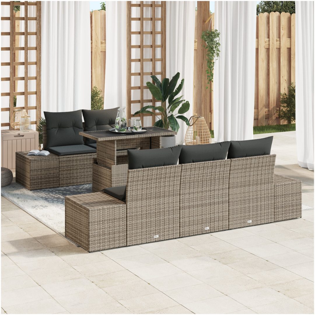 6-delars trädgårdsoff-set med kuddar, grå poly rattan vidaXL 100 x 55 x 73 cm