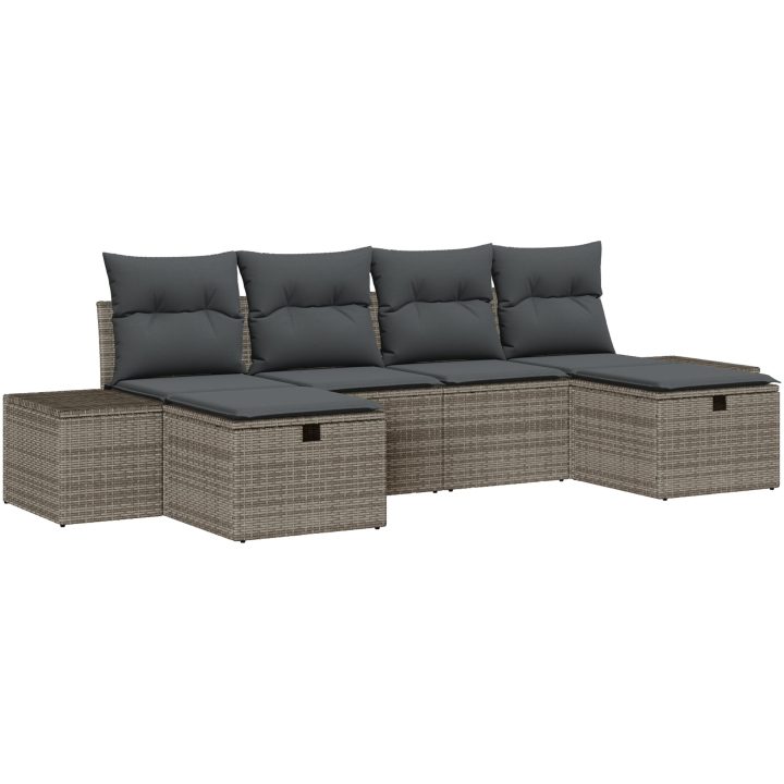 6-delars trädgårdsoff set med kuddar - Grå Poly Rattan vidaXL 55 x 62 x 69 cm – bild 2