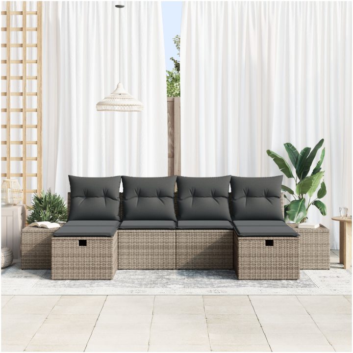 6-delars trädgårdsoff set med kuddar - Grå Poly Rattan vidaXL 55 x 62 x 69 cm – bild 3
