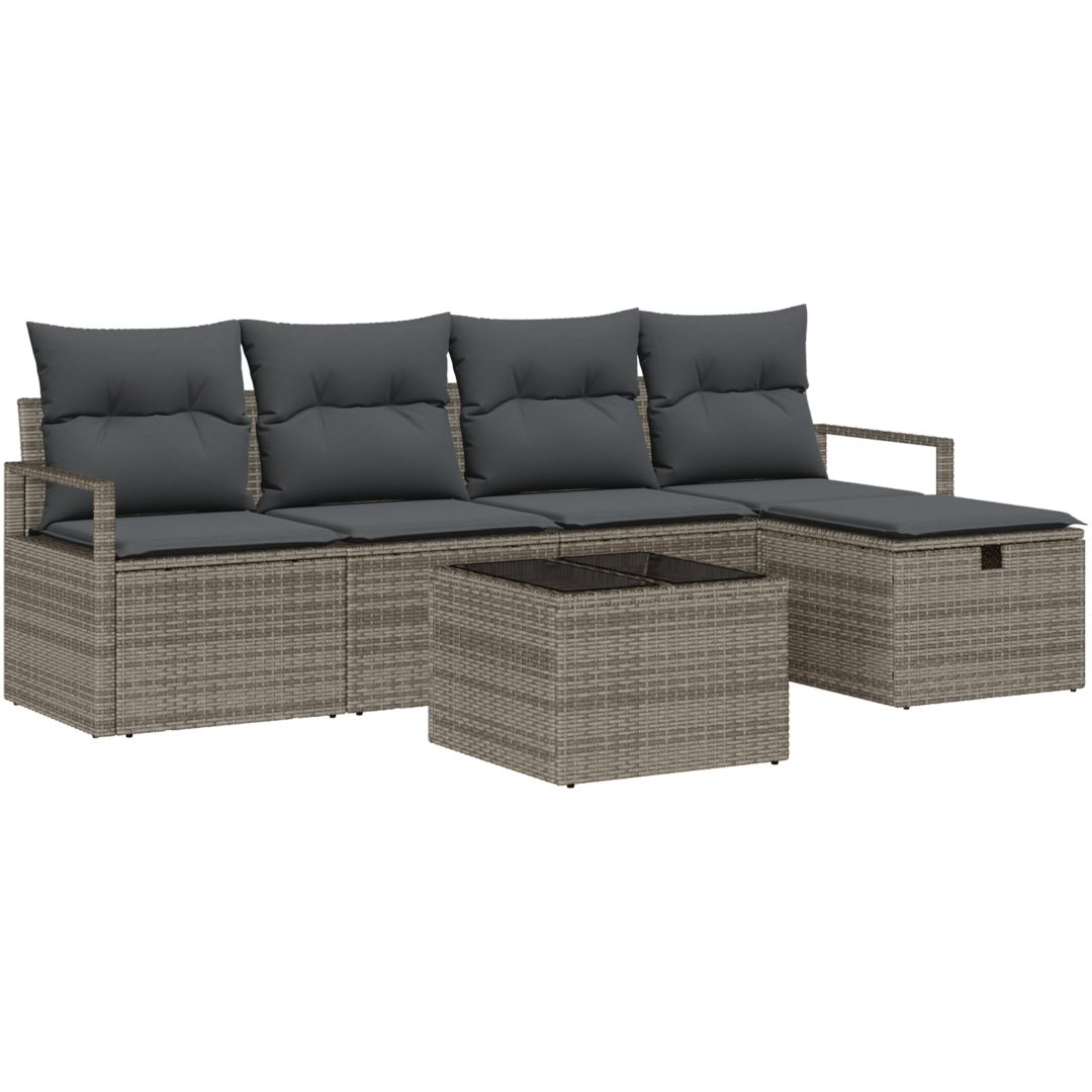 6-delars trädgårdsoff set med kuddar grå poly rattan vidaXL Stor – bild 2