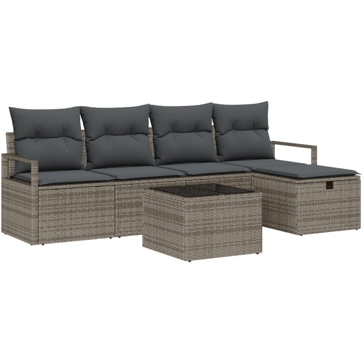 6-delars trädgårdsoff set med kuddar grå poly rattan vidaXL Stor – bild 2
