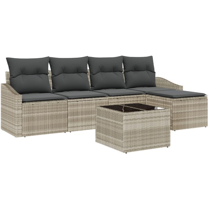 6-delars trädgårdsoff-set med kuddar grå polyrotting vidaXL 233 x 117 x 85 cm – bild 2