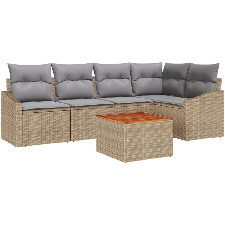 6-delars trädgårdsoff set med kuddar i beige poly rattan och akacia vidaXL 55 x 55 x 37 cm – bild 2