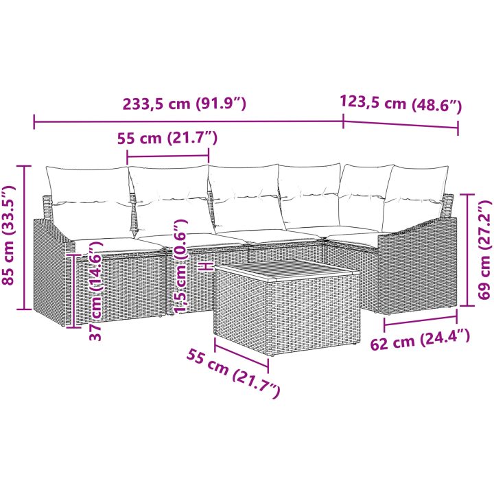 6-delars trädgårdsoff set med kuddar i beige poly rattan och akacia vidaXL 55 x 55 x 37 cm – bild 9