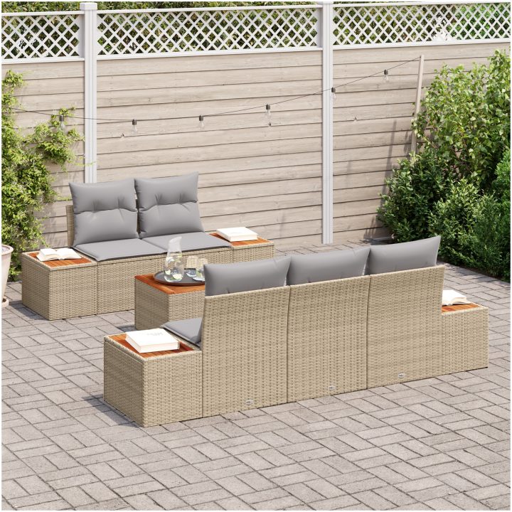 6-delars trädgårdsoff-set med kuddar i beige poly rattan och akacia vidaXL 55 x 55 x 37 cm – bild 3