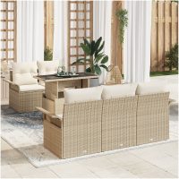 6-delars trädgårdsoff set med kuddar i beige poly-rattan vidaXL