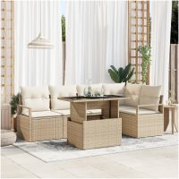 6-delars trädgårdsoff-set med kuddar i beige poly rattan vidaXL