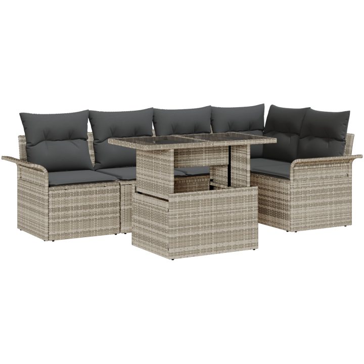 6-delars trädgårdsoff-set med kuddar i ljusgrå poly rattan vidaXL 100 x 55 x 73 cm – bild 2