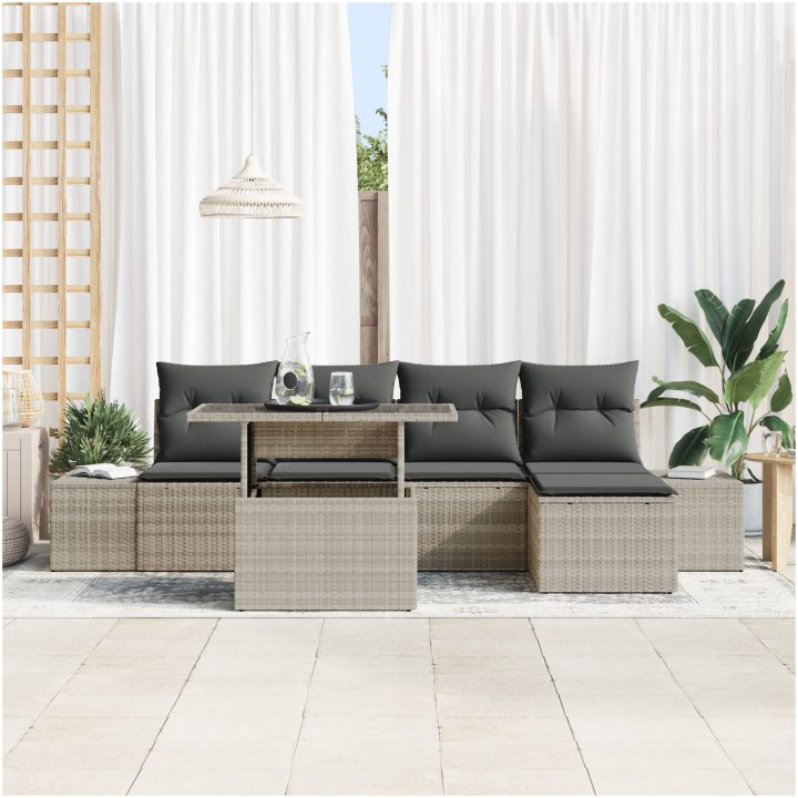 6-delars trädgårdsoff Set med kuddar i ljusgrå poly rattan vidaXL 100 x 55 x 73 cm – bild 3