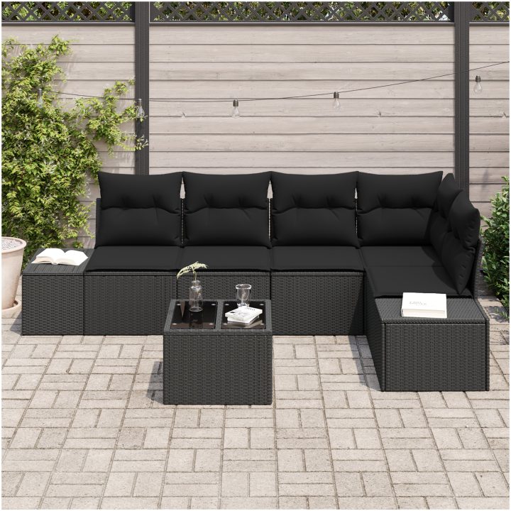 6-delars trädgårdsoff set med kuddar i svart polyrotting vidaXL 55 x 55 x 37 cm – bild 3