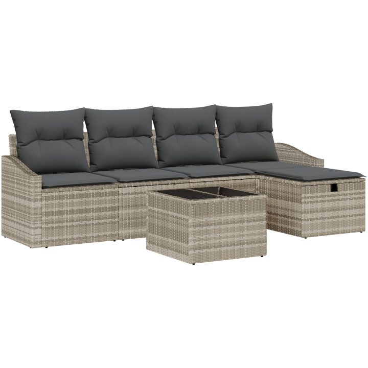 6 Delars Trädgårdsoff-set med Kuddar, Ljusgrå Poly Rattan vidaXL 55 x 55 x 37 cm – bild 2