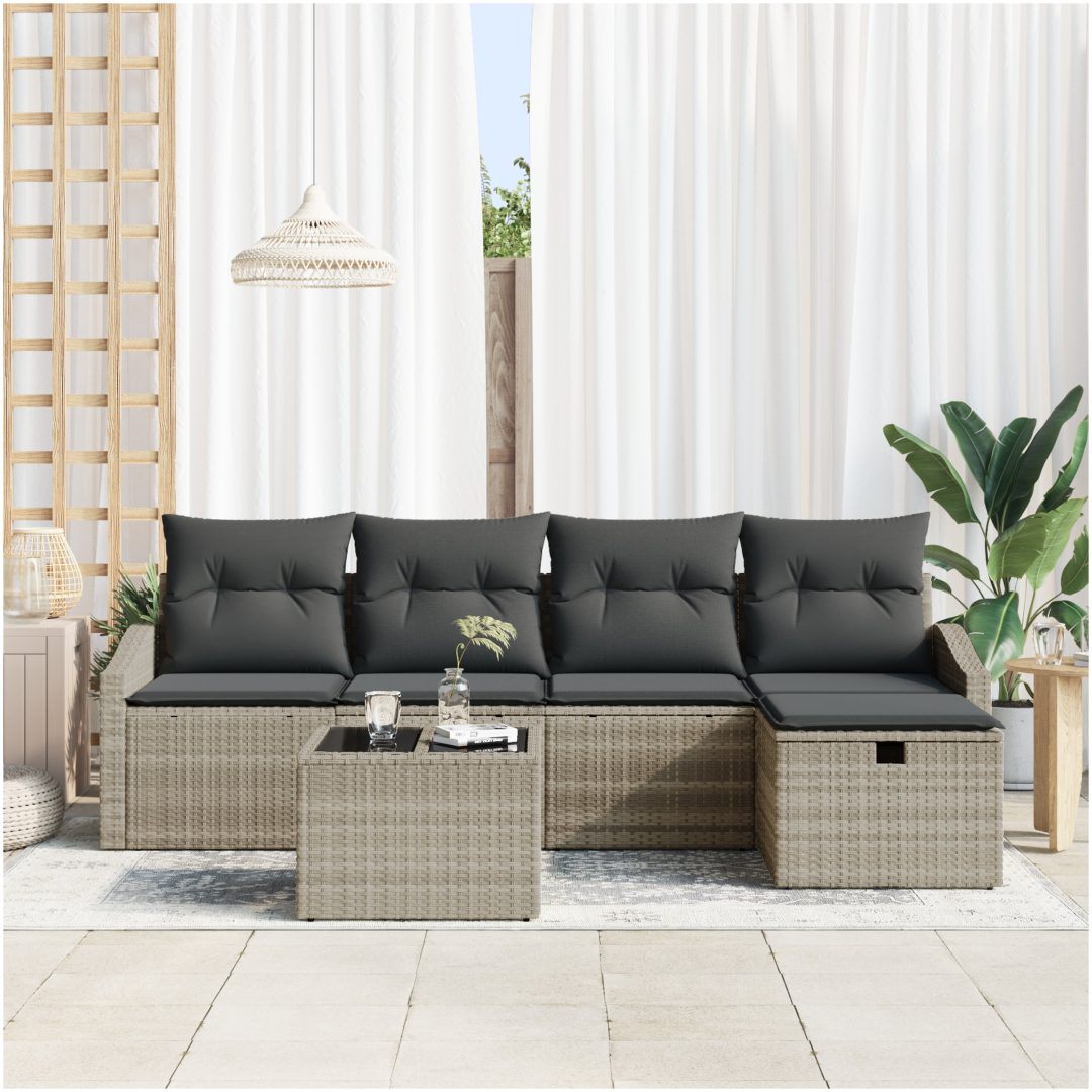 6 Delars Trädgårdsoff-set med Kuddar, Ljusgrå Poly Rattan vidaXL 55 x 55 x 37 cm – bild 3