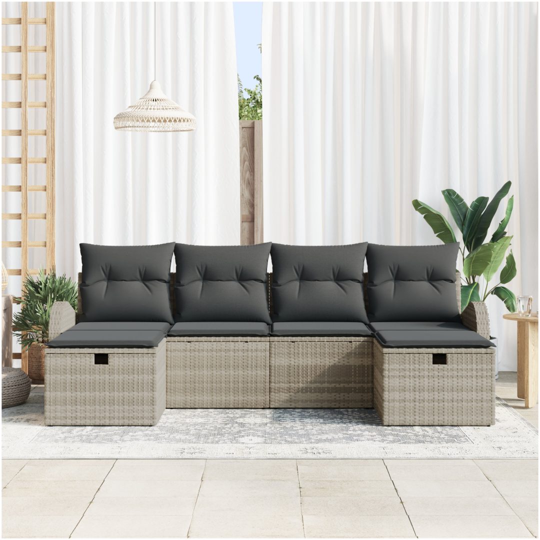 6-delars trädgårdsoff-set med kuddar Ljusgrå Poly Rattan vidaXL Stor – bild 3