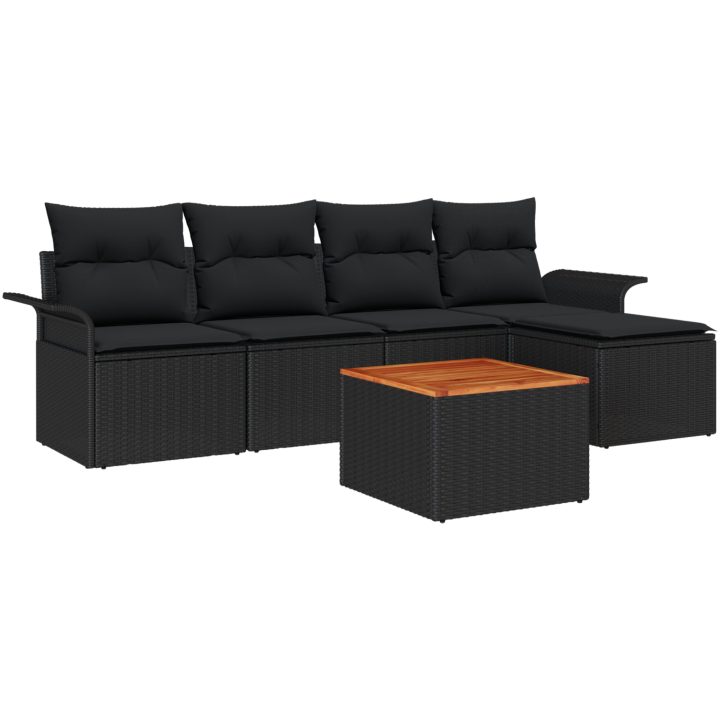 6-delars trädgårdsoff-set med kuddar svart poly-rattan akaciaträ vidaXL 55 x 55 x 37 cm – bild 2