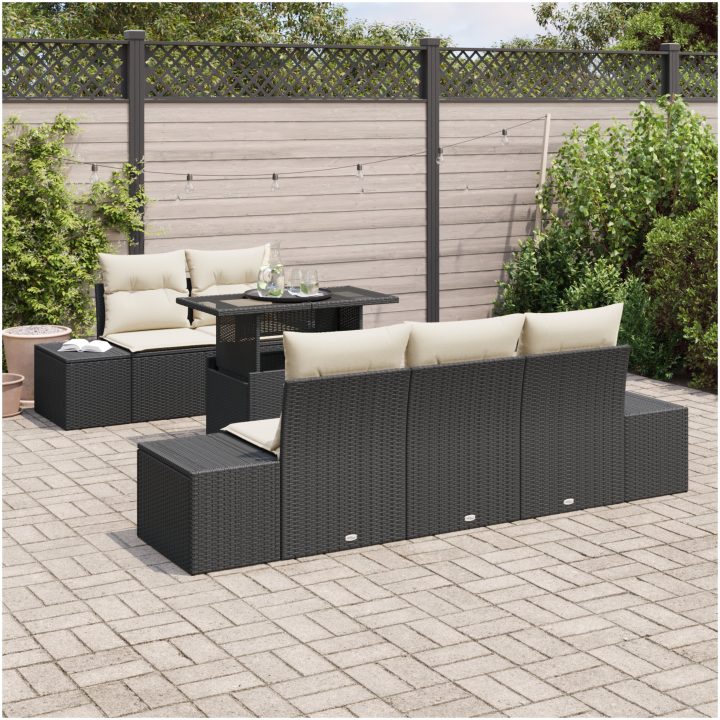 6 Delars Trädgårdsoff set med Kuddar Svart Poly Rattan vidaXL 100 x 55 x 73 cm – bild 3