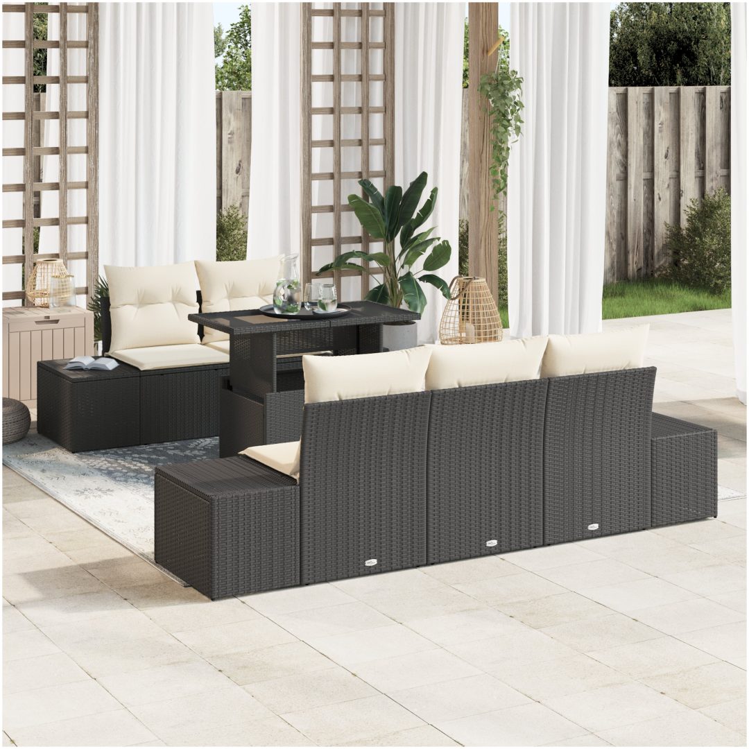 6 Delars Trädgårdsoff set med Kuddar Svart Poly Rattan vidaXL 100 x 55 x 73 cm