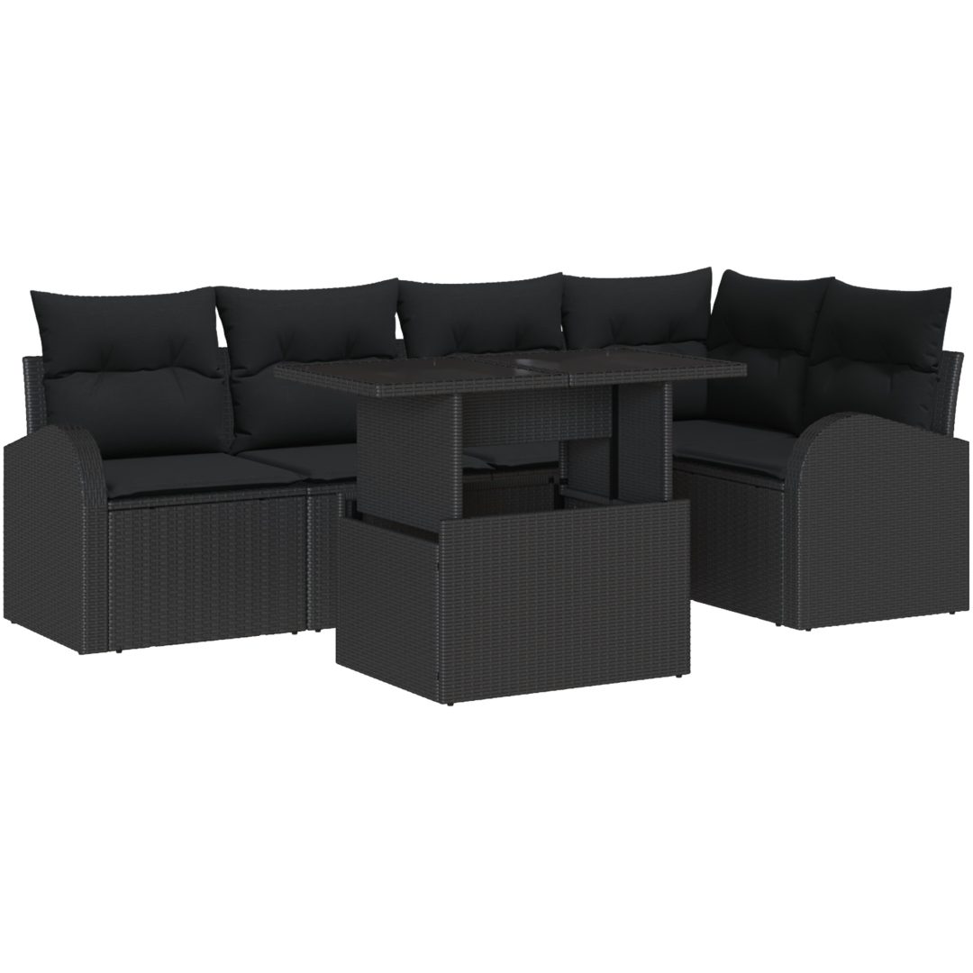 6-delars trädgårdsoff-set med kuddar, svart poly-rattan vidaXL 100 x 55 x 73 cm – bild 2