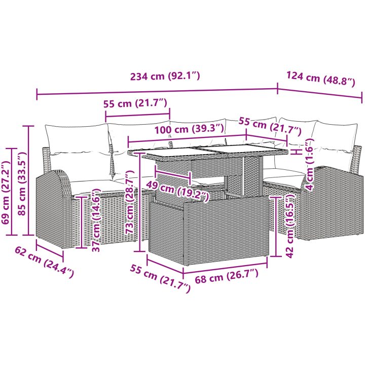 6-delars trädgårdsoff-set med kuddar, svart poly-rattan vidaXL 100 x 55 x 73 cm – bild 11