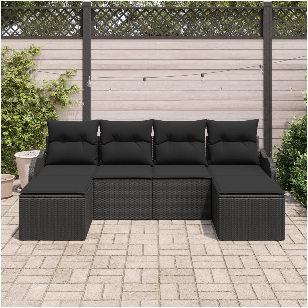 6-delars trädgårdsoff-set med kuddar svart poly rattan vidaXL Stor – bild 3