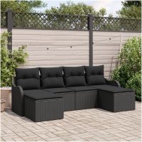 6-delars trädgårdsoff-set med kuddar svart poly rattan vidaXL