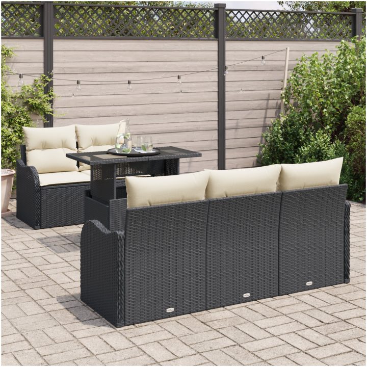 6-delars Trädgårdsoff set med kuddar Svart Poly Rotting vidaXL Medium – bild 3