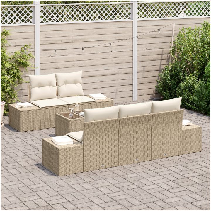 6-delars trädgårdsoffa med kuddar Beige Poly Rattan vidaXL 55 x 55 x 37 cm – bild 3