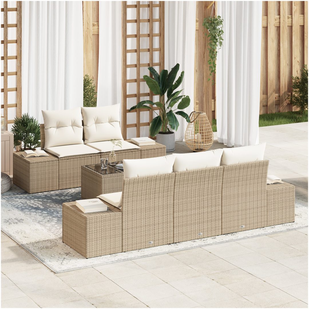 6-delars trädgårdsoffa med kuddar Beige Poly Rattan vidaXL 55 x 55 x 37 cm
