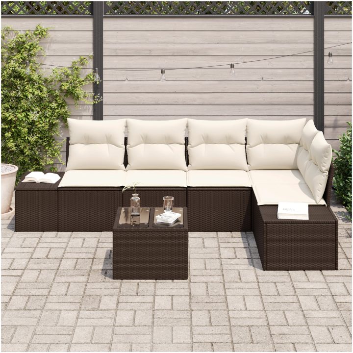 6-delars trädgårdsoffa med kuddar i brunt poly rattan vidaXL 55 x 55 x 37 cm – bild 3