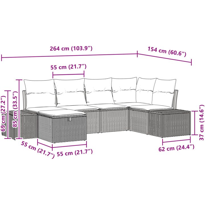 6-delars trädgårdsoffa med kuddar i ljusgrått, polyrotting vidaXL 264 x 154 x 85 cm – bild 10