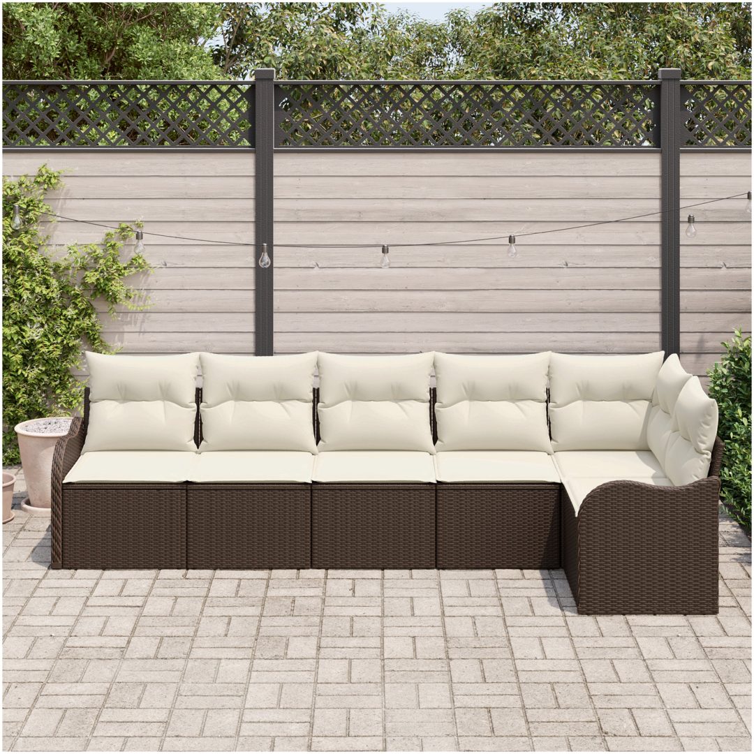 6 Delars Trädgårdsoffa Set med Kuddar Brun Poly Rattan vidaXL Stor – bild 3