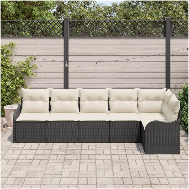 6 Delars Trädgårdsoffa Set med Kuddar Svart Poly Rattan vidaXL Stor – bild 3