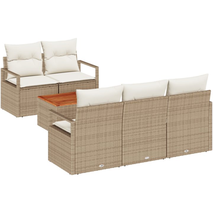 6 Delars Trädgårdsoffagrupp med Kuddar Beige Poly Rattan Akacia vidaXL Medium – bild 2