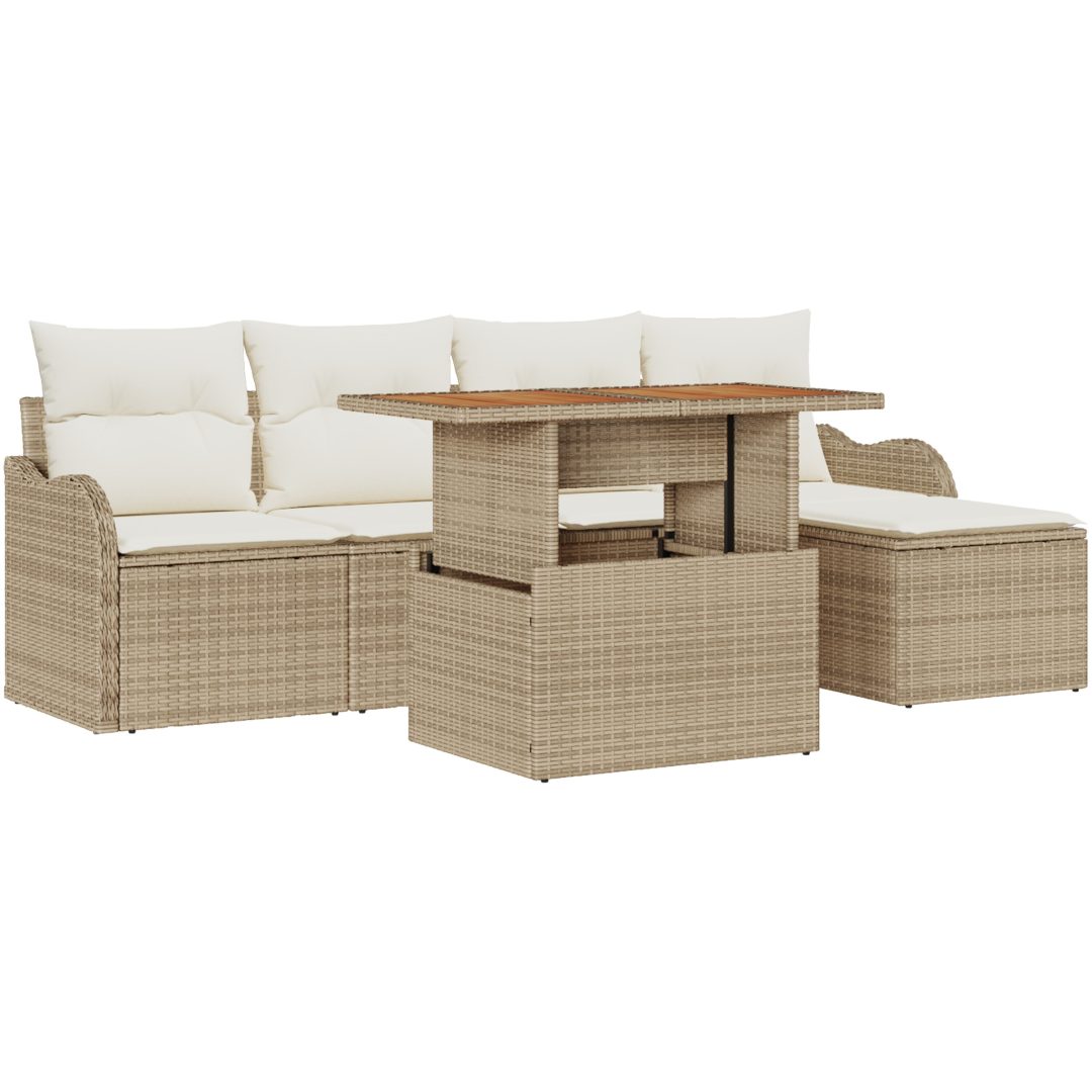 6 Delars Trädgårdsoffagrupp med Kuddar Beige Poly Rattan vidaXL Stor – bild 2