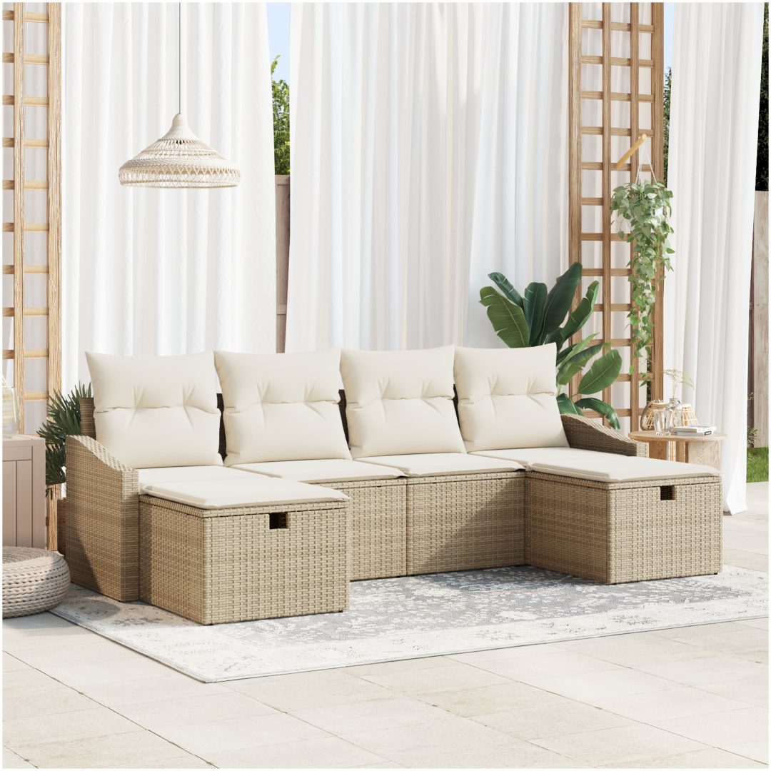 6-delars trädgårdsoffagrupp med kuddar Beige Poly Rotting vidaXL 55 x 62 x 69 cm