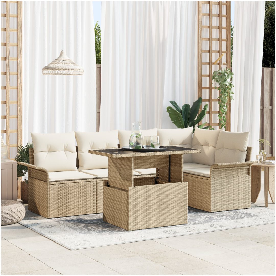 6-delars trädgårdsoffagrupp med kuddar i beige poly rattan vidaXL 100 x 55 x 73 cm