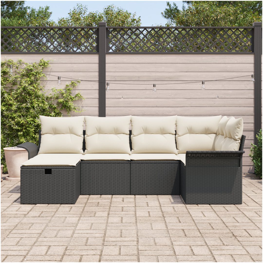 6-delars Trädgårdsoffagrupp med Kuddar Svart Poly Rotting vidaXL 242.5 x 132.5 x 85 cm – bild 3