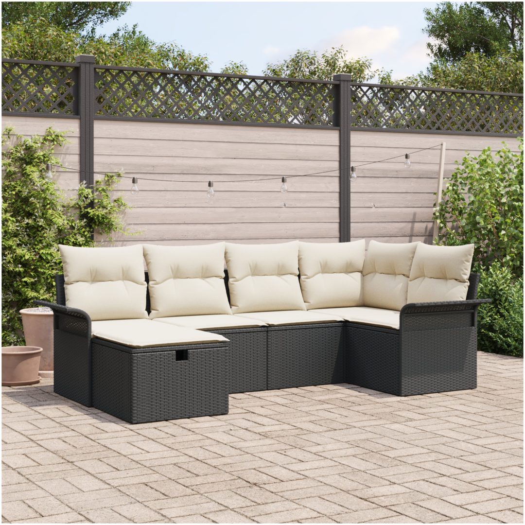 6-delars Trädgårdsoffagrupp med Kuddar Svart Poly Rotting vidaXL 242.5 x 132.5 x 85 cm