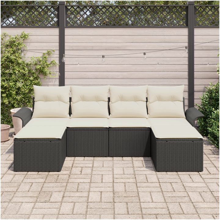 6 Delars Trädgårdsoffagrupp med Kuddar Svart Poly Rottning vidaXL 251 x 117 x 85 cm – bild 3