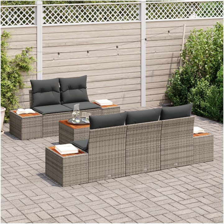 6-delars trädgårdsoffan med kuddar i grå poly rattan och akacia vidaXL 55 x 55 x 37 cm – bild 3