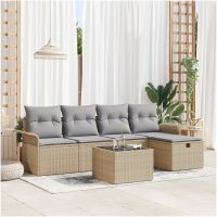 6-delars Trädgårdsoffasats med kuddar Beige Poly Rattan vidaXL