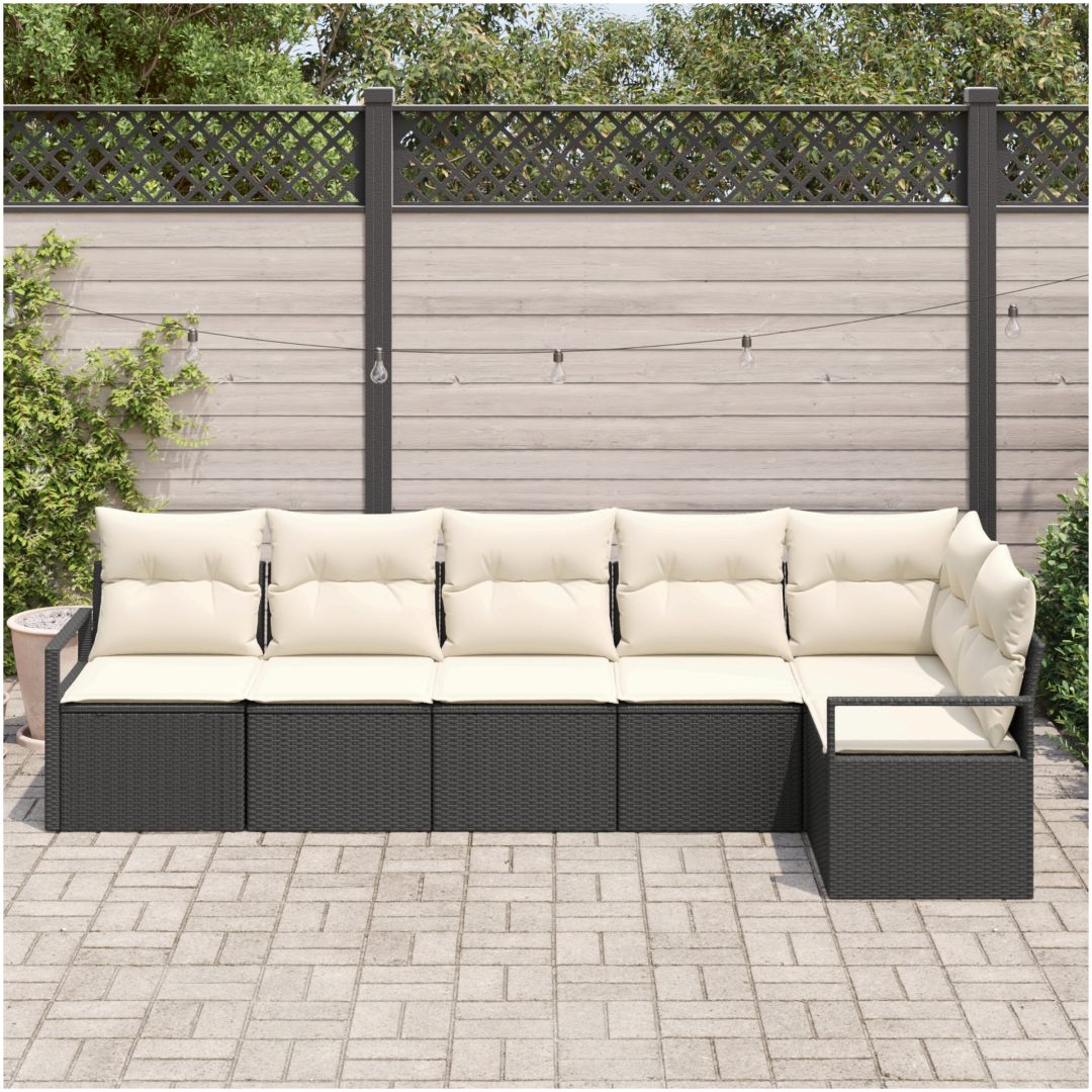 6-delars trädgårdsoffaset med dynor svart poly rattan vidaXL Stor – bild 3