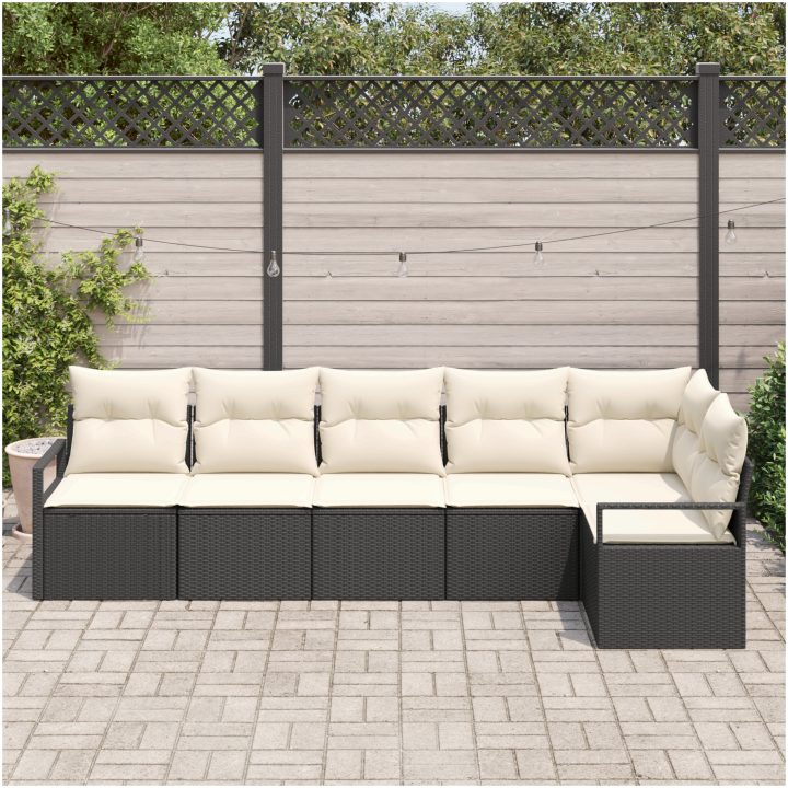 6-delars trädgårdsoffaset med dynor svart poly rattan vidaXL Stor – bild 3