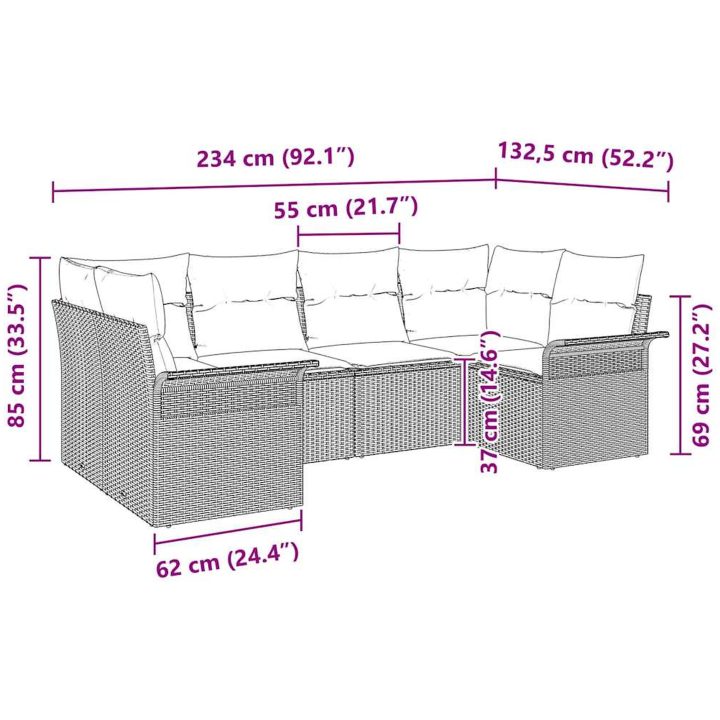 6 delars Trädgårdsoffaset med kuddar Beige Poly-Rotting vidaXL 234 x 132.5 x 85 cm – bild 11