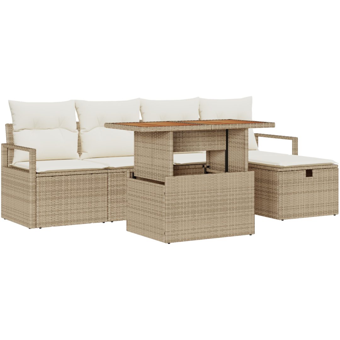 6-delars trädgårdsoffaset med kuddar beige poly rotting vidaXL Medium – bild 2
