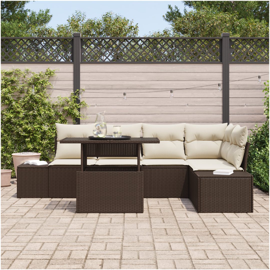 6-delars trädgårdsoffaset med kuddar, brunt poly-rattan vidaXL 100 x 55 x 73 cm – bild 3