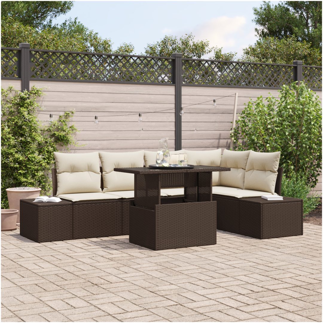 6-delars trädgårdsoffaset med kuddar, brunt poly-rattan vidaXL 100 x 55 x 73 cm