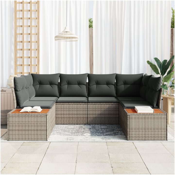 6-delars trädgårdsoffaset med kuddar Grå poly rattan akacia vidaXL 234 x 154 x 69 cm – bild 3