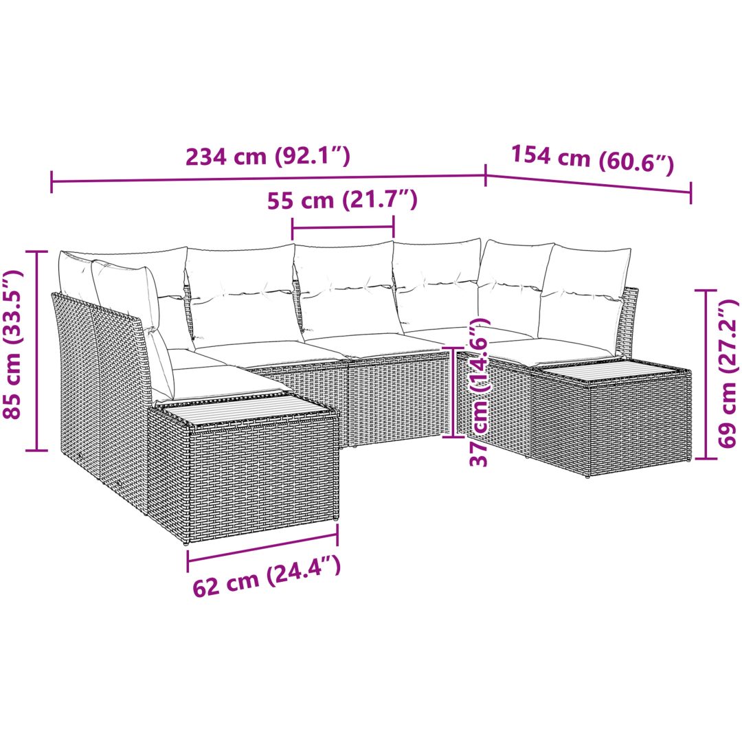 6-delars trädgårdsoffaset med kuddar Grå poly rattan akacia vidaXL 234 x 154 x 69 cm – bild 8