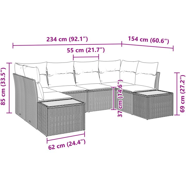 6-delars trädgårdsoffaset med kuddar Grå poly rattan akacia vidaXL 234 x 154 x 69 cm – bild 8
