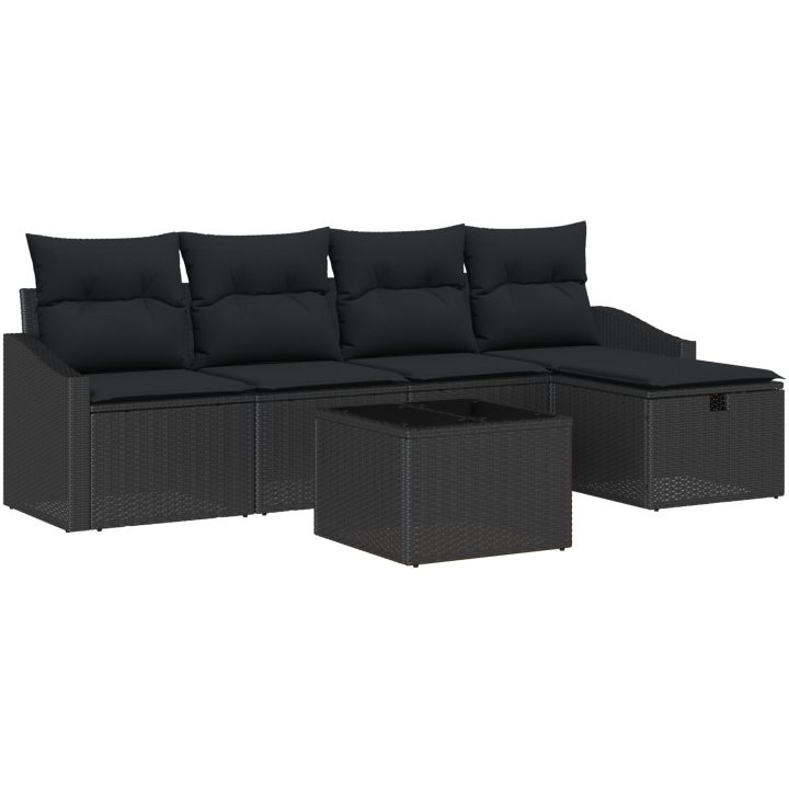 6-delars trädgårdsoffaset med kuddar i svart poly rattan vidaXL 55 x 55 x 37 cm – bild 2